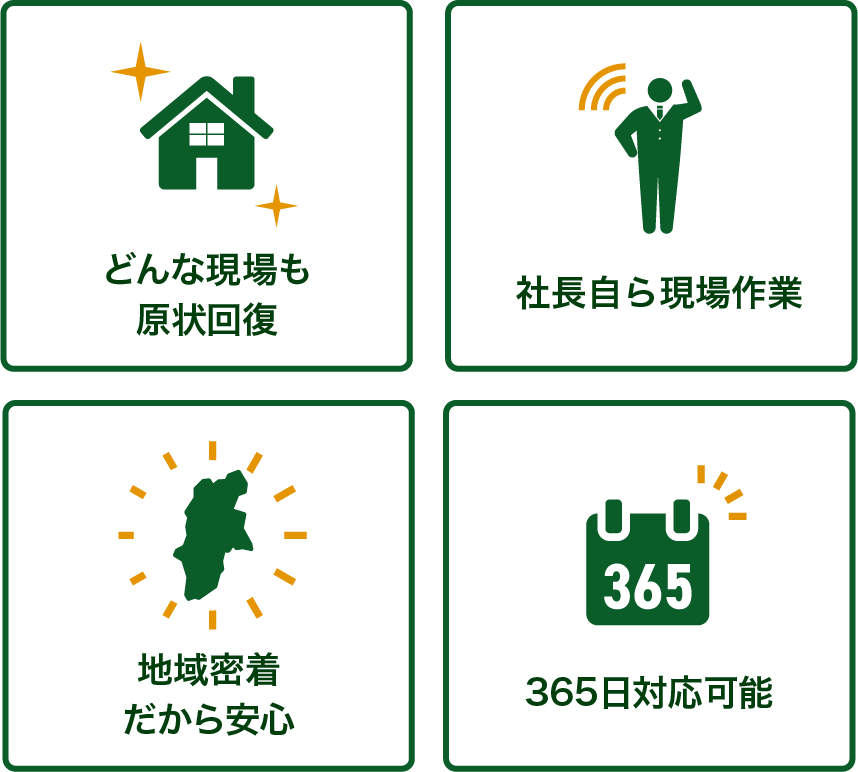 どんな現場も原状回復 社長自ら現場作業 地域密着だから安心 365日対応可能