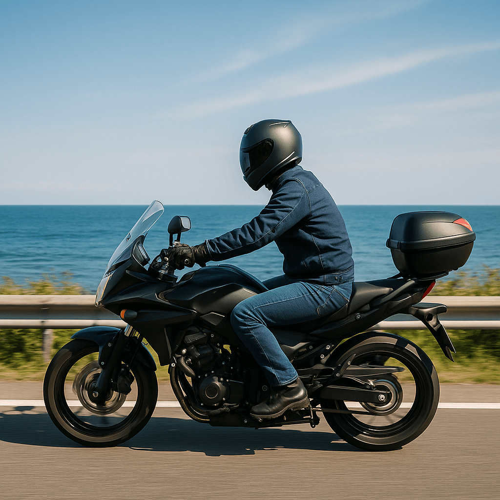 上越の海沿いを走るバイクのイメージ画像