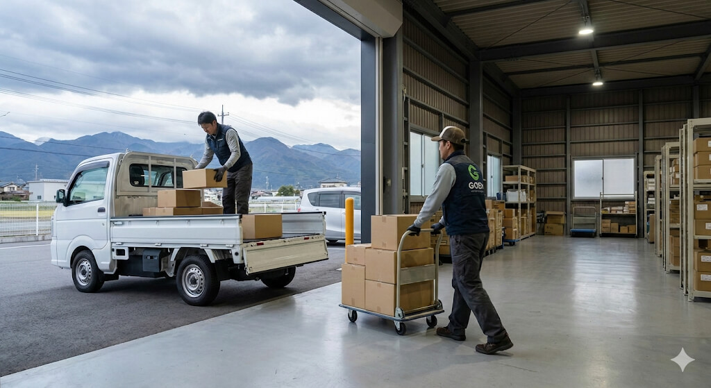 倉庫に搬入中のスタッフ